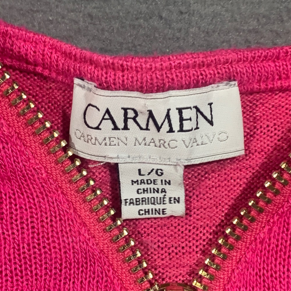 Carmen Marc Valvo Hot Pink Quarter Zip Pullover Knit Top Gold Zipper Womens L - Picture 2 of 7